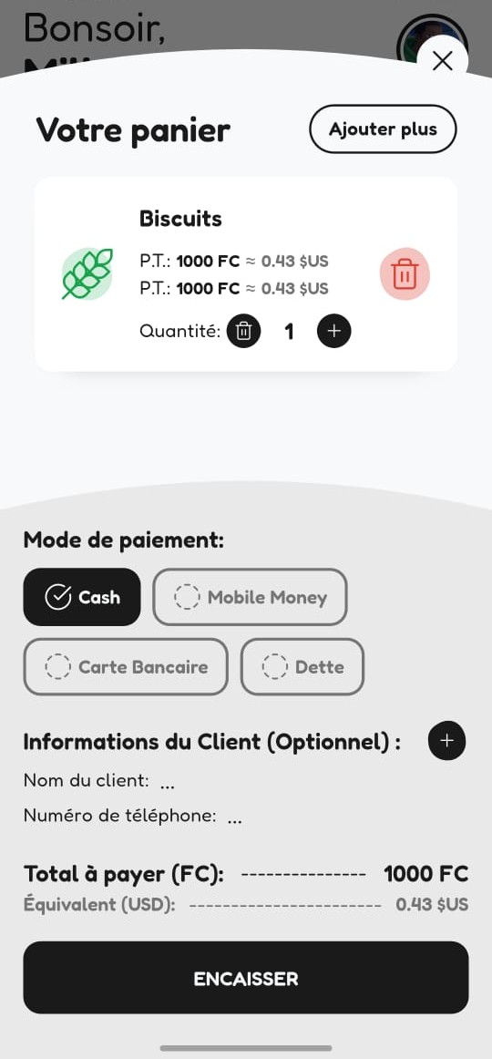 Application admin Butiki'angu sur smartphone — tableau de bord
